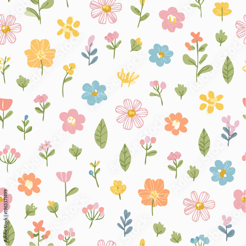 Dainty wildflower seamless pattern with small hand drawn botanical sketches on white. flower vector