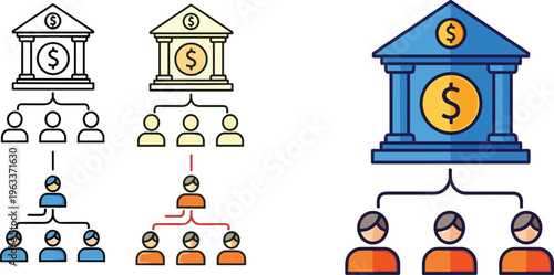 Vector illustration of hierarchical financial network showing bank building icons connected to groups of people in multi‑level organizational structures.