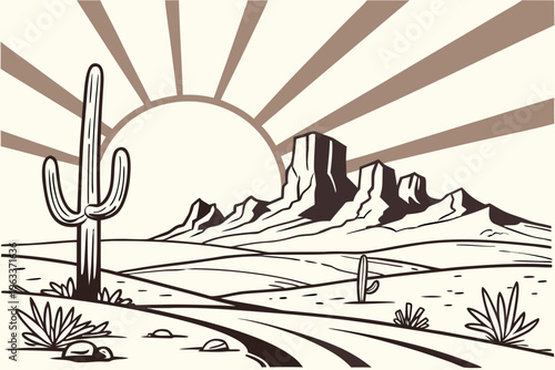 A captivating monochrome vector illustration showcasing a rugged desert landscape with saguaro cacti, majestic mountains, and a radiant sunburst design.