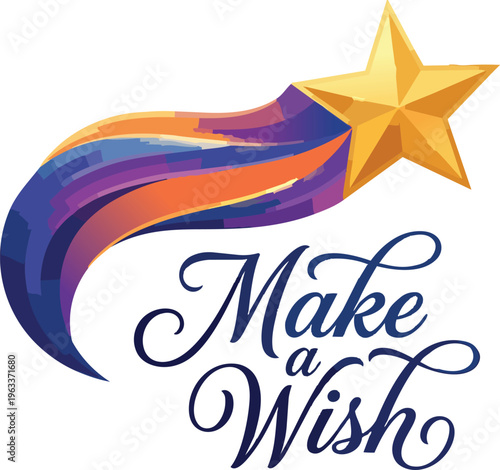 Conceptual Illustration of a Shooting Star with Long Vibrant Gradient Tail and Make a Wish Script Text