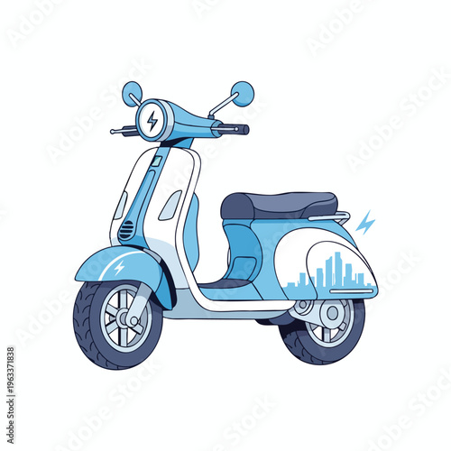A blue and white electric scooter with a city skyline design and lightning bolts