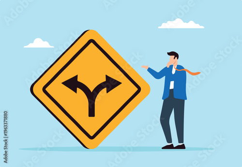 Flat illustration of businessman contemplate which way to go with fork road yellow warning sign to decide career path