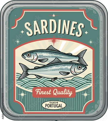 Stylized Vintage Cool Tin of Sardines with Retro Design and Unique Fish Illustration Packaged for Consumer