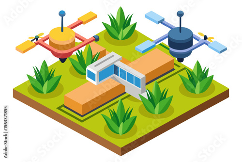 Two advanced agricultural drones in an isometric vector graphic illustration showcasing smart farming technology and precision agriculture.