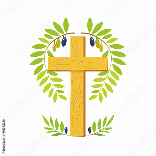 Christian cross with olive branches icon symbol.flower vector