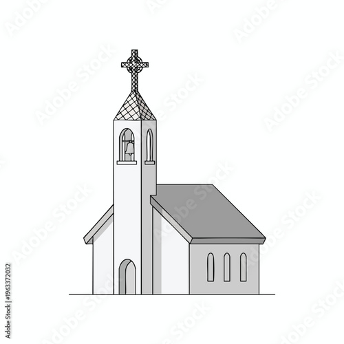 A simple line drawing of a church with a bell tower and a Celtic cross