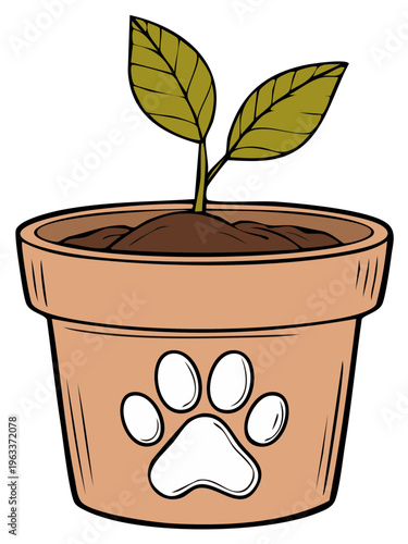Growing plant with leaves in terracotta pot adorned with animal paw print for pet owners
