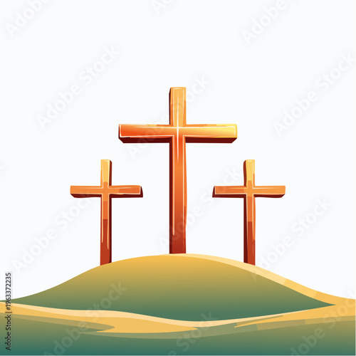 Three wooden christian crosses standing on a grassy hill landscape graphic illustration.flower vector