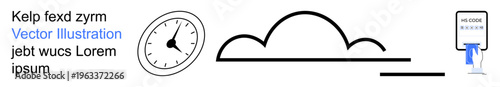 Time management, cloud technology, digital access, password security, modern design, abstract art. A clock, cloud shape and digital code entry feature are . Time management and cloud technology