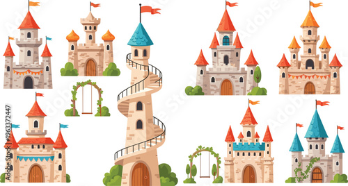 Fairy Tale Castle Vector Element Set Featuring Medieval Fortresses With Red Spires Spiral Tower and Garden Swings For Fantasy Game and Storybook Designs