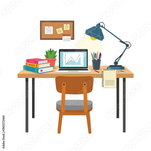 A desk with a laptop, books, lamp, and chair, set against a white background