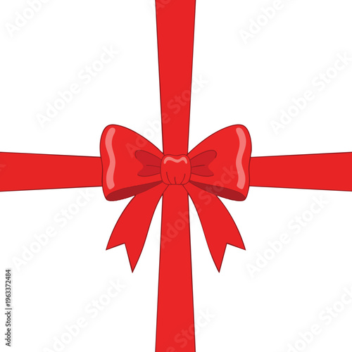 A classic red ribbon forms a bow with four trailing ends on a white background