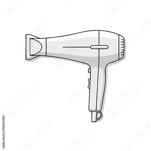 A minimalist white hairdryer with a black outline and subtle shading