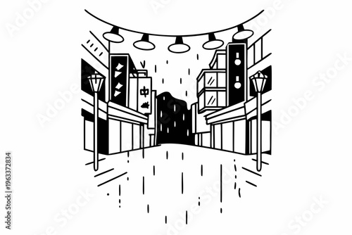 Minimalist vector illustration portraying a captivating city street at night, with buildings, rain, and glowing lights creating a moody urban atmosphere.