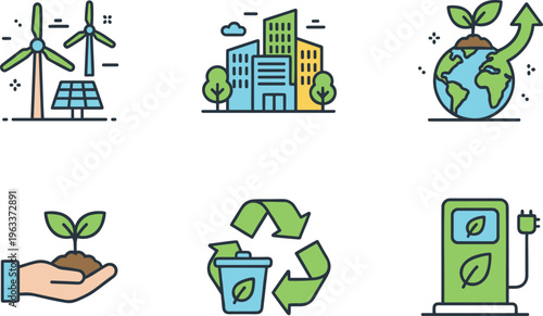 Environmental sustainability and urban development vector icon set featuring renewable energy green cities and ecological growth symbols.