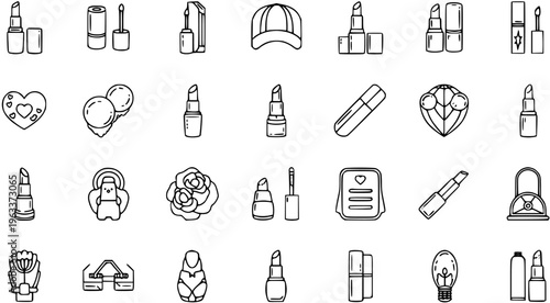 Detailed line art icon set featuring various cosmetic and beauty products like lipsticks, makeup brushes, compacts, and skincare items, perfect for modern design projects.