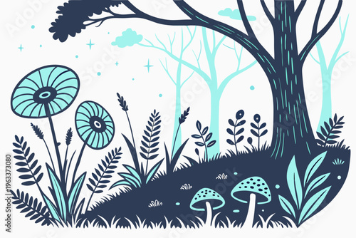 Beautiful nocturnal forest landscape vector art with whimsical trees, flowers, and fungi in a serene environment, excellent for modern nature illustrations.