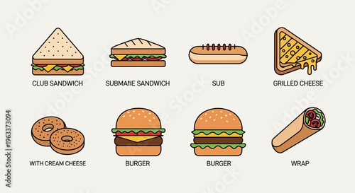 Set of Fast Food Icons Featuring Sandwiches Burgers and Wraps