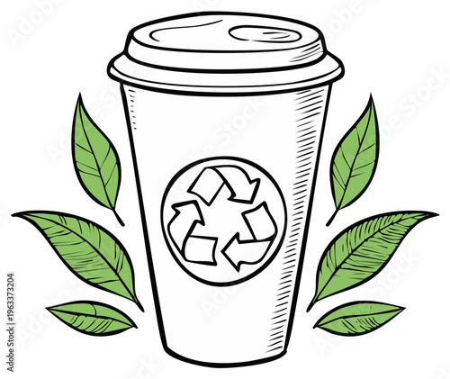 Eco-friendly coffee cup illustration with leaves and recycling symbol, environmental concept.