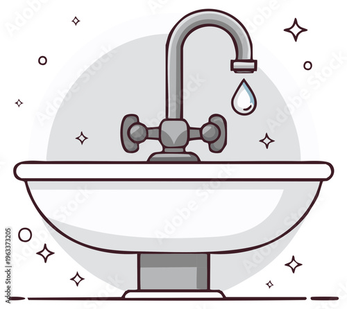 Cartoon illustration of a wash basin with a faucet and water drop.