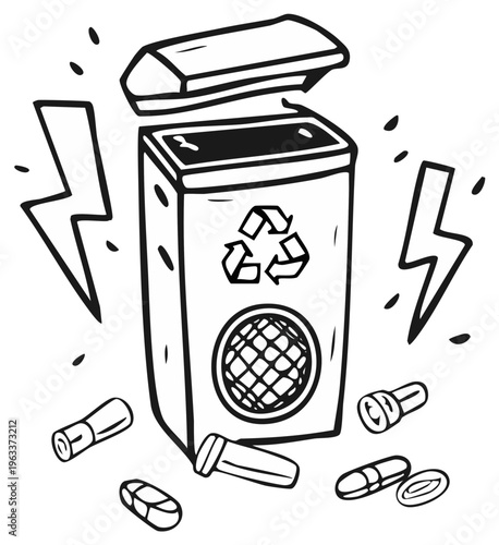 Hand Drawn Illustration of a Recycling Bin with Batteries and Lightning Bolts Symbolizing Energy