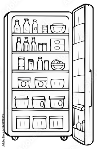 Open Refrigerator Filled with Food Items Outline Style Simple