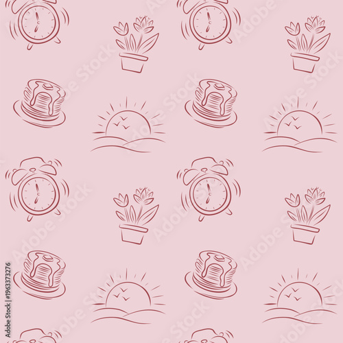 Morning Routine Seamless Pattern Line Art Alarm Clock Pancakes Sunrise Plants Cozy Vector Background