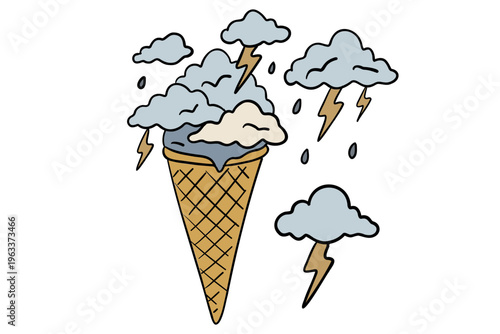 Climate Change Concept with Storm Clouds and Melting Ice Cream Vector Illustration