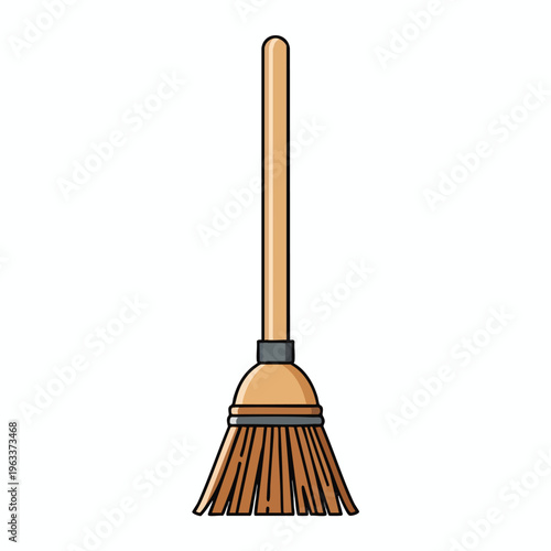 Rustic broom with wooden handle and natural fiber bristles, ready for sweeping