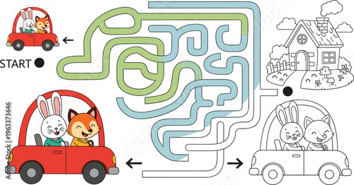 Childrens Educational Activity Maze Puzzle Set with Cute Animals Driving Cars Riding Bicycle Scooter and Boat in a Labyrinth for Preschool Kids Worksheets