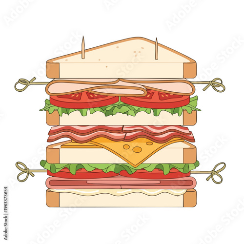 A towering triple-decker sandwich with multiple layers of meat, cheese, lettuce, tomato, and bacon