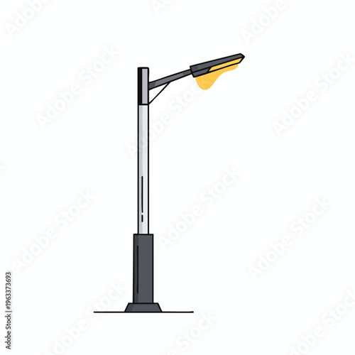 A street lamp with a curved arm and a glowing yellow light