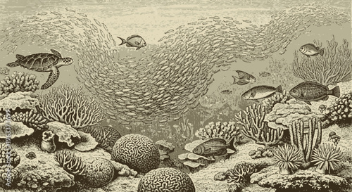 Vintage Engraving Style Underwater Coral Reef Scene with Sea Turtle and School of Fish