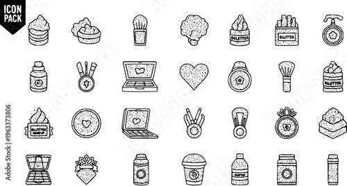 Hand-drawn black and white makeup and beauty icons. A doodle style vector pack featuring cosmetic products like brushes, glitter, compacts, and skincare essentials for design projects.