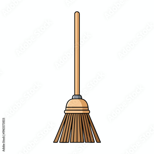 A simple illustration of a broom with a tan handle and bristles