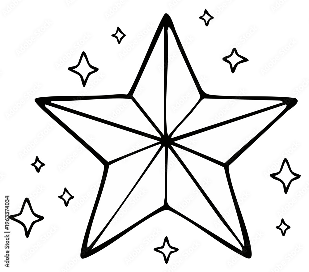 Fototapeta premium Outlined Star Illustration with Sparkling Starbursts for Decor or Coloring Page