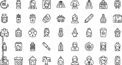 Beauty and Hair Care Line Icons Set. Collection of Outline Vector Symbols for Cosmetics, Spa, Salon, and Personal Self-Care Products and Services.