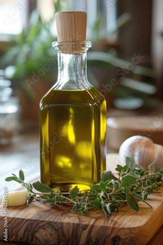 A bottle of olive oil placed on a wooden cutting board, ready for use in cooking