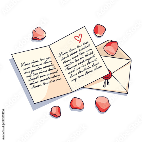 Open envelope with handwritten letter and red rose petals scattered around