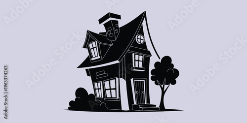 A black and white illustration of a haunted victorian house with a tree