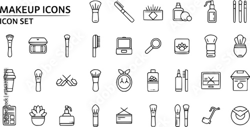 Makeup Icons Set: Outline Vector Collection of Beauty and Cosmetic Products, Tools, and Accessories for Skincare and Glamour