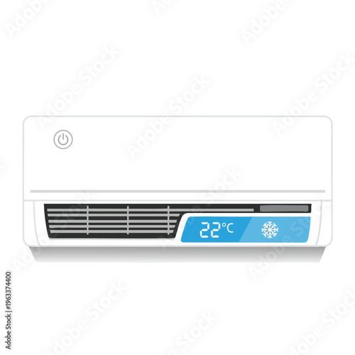 White wall-mounted air conditioner with digital display showing 22C and snowflake