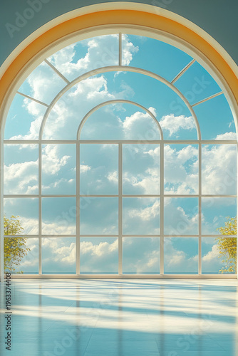 A cozy interior with a big window and a bright red chair, perfect for a home office or reading nook