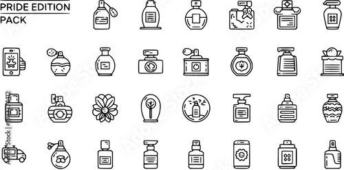 "PRIDE EDITION PACK" of diverse perfume and fragrance bottle line icons, ideal for beauty, cosmetics, and scent product illustrations and digital designs.