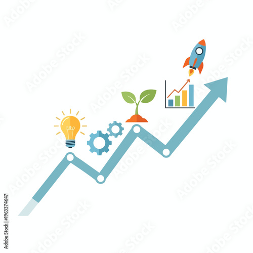 Growth stages idea, gears, plant, chart, and rocket launch