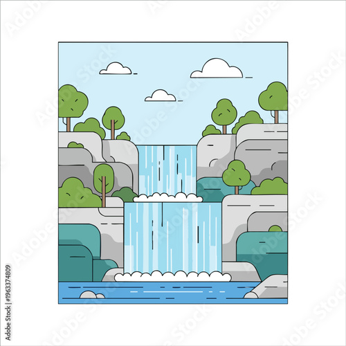A stylized waterfall cascades over layered rocks with trees and clouds