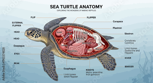 Educational Sea Turtle Anatomy Diagram with Internal Organs