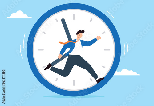 Businessman running and hurry in time clock in flat design