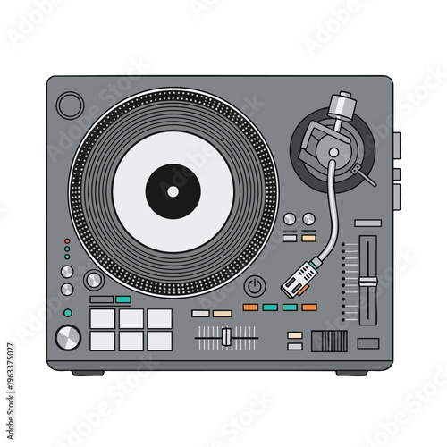 Flat illustration of a DJ turntable with controls, tonearm, and needle