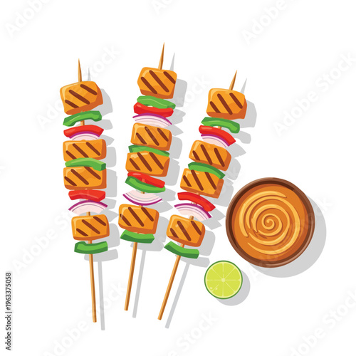 Grilled skewers with vegetables and dipping sauce with lime